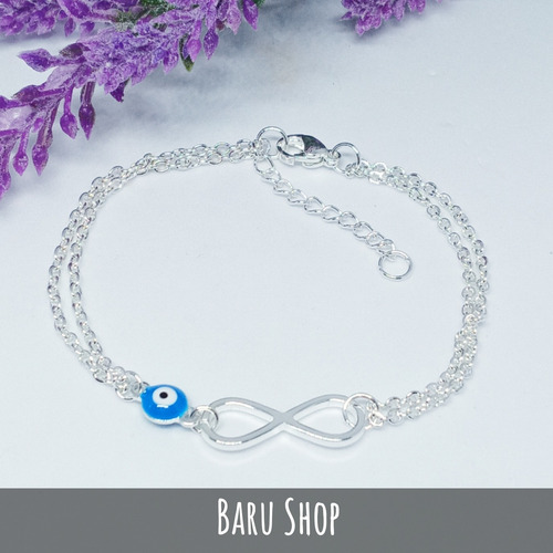 Imagen 3 de 9 de Pulsera Acero Blanco Con Dije Diseño Infinito Y Ojo Turco