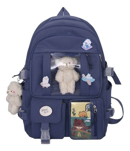 Mochila Impermeable Coreana Kawaii Para Mujer Con Colgante Color Azul Diseño De La Tela Liso