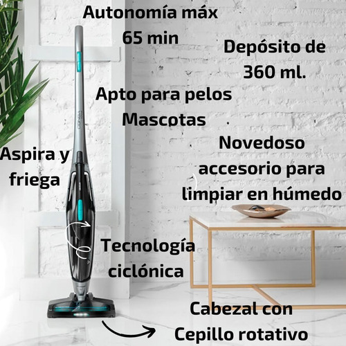 Aspiradora inalámbrica Vertical Cecotec Conga PopStar 4070 H2O Max 0.8L plateada, gris oscuro y turquesa 230V 50Hz