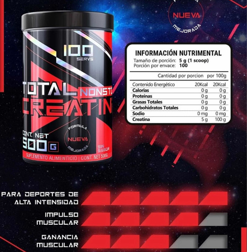 Imagen 4 de 4 de Total Nonstop Creatina Monohidratada 500 Gramos (100 Servs)