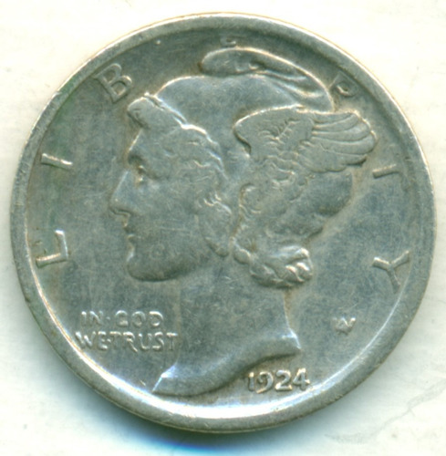 Ee.uu. Moneda De Plata 10 Centavos Mercury Dime 1924 D Mb