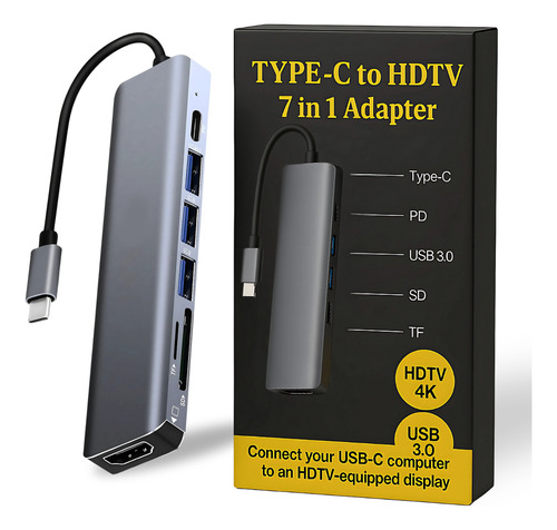 Hub 7 Em 1 Tipo-c Adaptador Usb 3.0 Hdmi 4k Sd/pd Tf Macbook