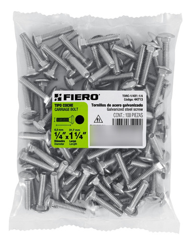 Bolsa Con 100 Tornillos 1/4 X 1-1/4 Tipo Coche Fiero 44713