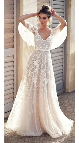 Vestido De Novia Con Mangas De Pétalos Y Cuello En V