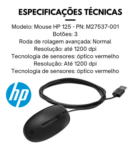 Mouse Hp 1200 Dpi Pegada Palm Com Três Botões Usb Win 10/11