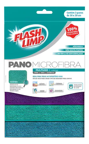 Pano Multiuso Microfibra Com 3 Panos Flash Limp Limpeza Roxo, Verde E ...