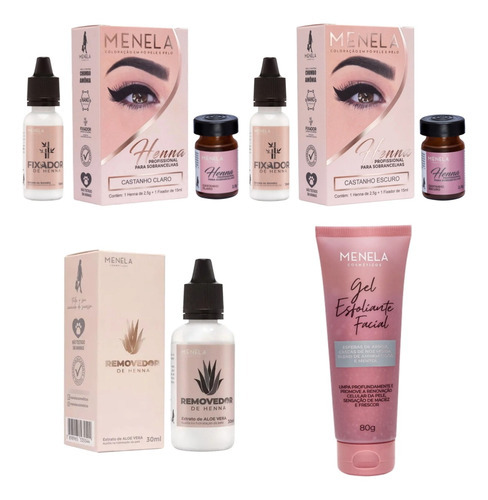 Kit Sobrancelha Designer Menela 2 Henna Removedor Esfoliante Cor Castanho Claro e Escuro