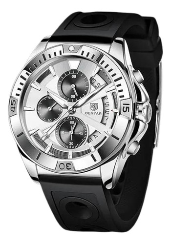 Reloj Benyar Para Hombre, Con Malla De Silicona, Cronógrafo Correa Negro Bisel Plateado Fondo Blanco