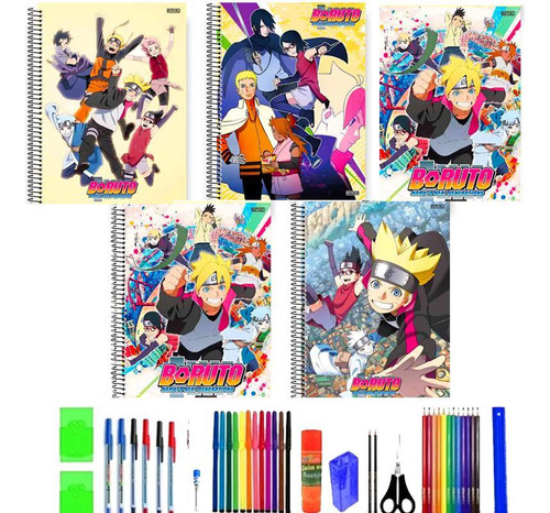 Kit 8 Cadernos Boruto Grande Arame Capa Dura Com 40 Itens