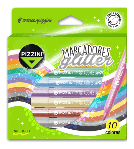 Fibras Pizzini Glitter Marcadores Colores Caja X10