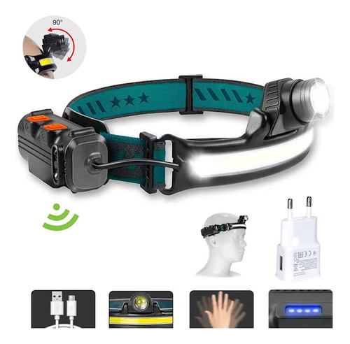 Linterna Frontal Led Con Zoom De Inducción, Carga Usb, 6 Mod