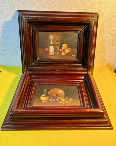 Dos Pinturas Bodegones Al Óleo De Teruel Vintage (Usado)