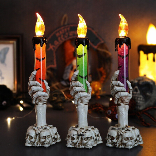 Vela Led Luminosa Calavera Halloween Craneo Mano Naranja