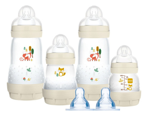 Kit 4 Mamadeiras + 2 Bicos Easy Start Gift Set Neutro - Mam Animais