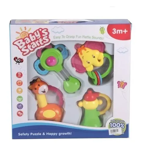 Sonajero Baby Grande X 4 Caja Plasticos Asociados Caja x 1 El Sonajero Baby Grande X 4 Caja es un set diseñado para estimular la percepción sensorial y la motricidad del bebé. Con cuatro figuras diferentes y colores llamativos, promueve el desarrollo de la co