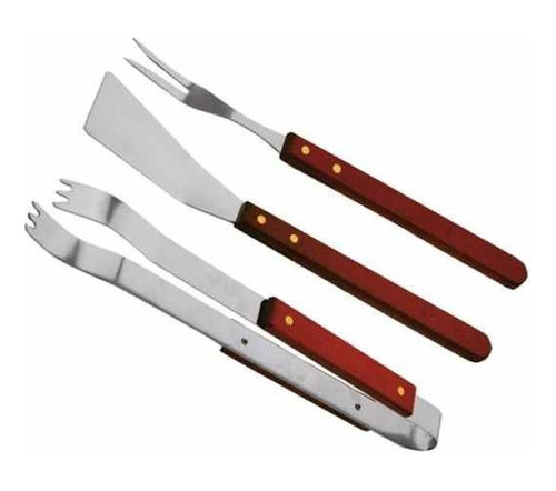 Set Asado 3 Piezas Pinza Espatula Tenedor Acero Inox Madera