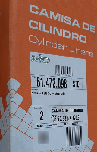 Camisa De Cilindro Hilux Srv 3.0l 8v Motor 5l Ø99,50 Mm Std