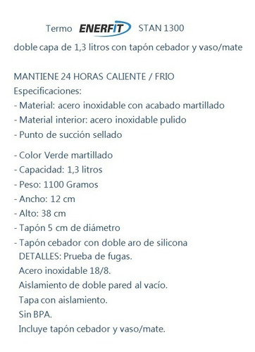 Imagen 2 de 4 de Termo Enerfit 1,3 Litros Acero Inoxidable Pico Cebador Mate