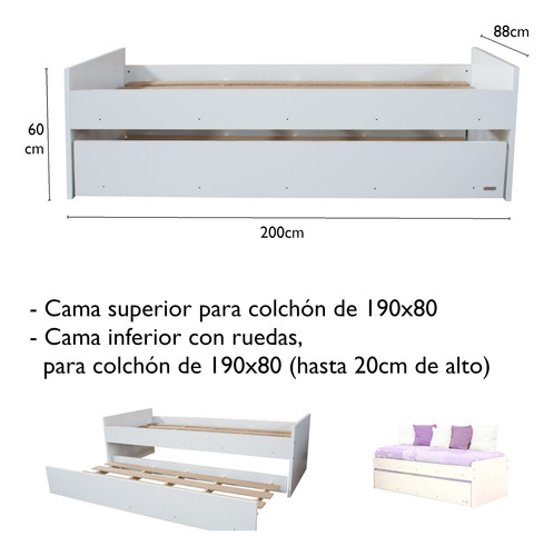 Diván Cama Platinum 1 Plaza Carro Con Ruedas Sofa Resistente Blanco