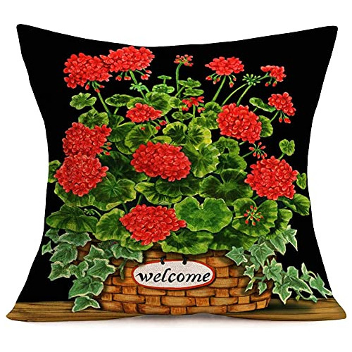 Fundas De Almohada Geranios Rojos 18 X18 , Plantas Rús...