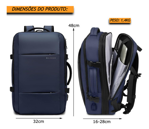 Bange Mochila Executiva Para Viagem Expansível Entre 27-40 Litros Cor Azul