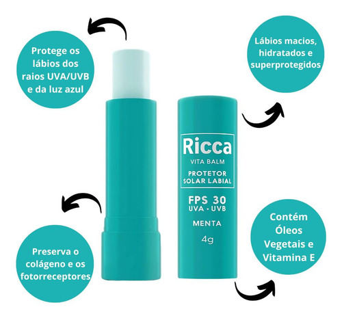 Protetor Solar Labial Ricca Vita Balm Menta Fps 30 Cód:3804