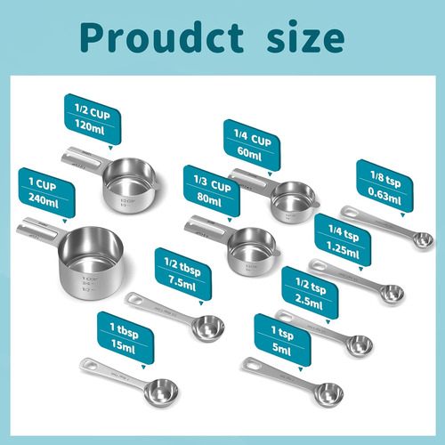 Tazas Y Cucharas Medidoras De Acero Inoxidable, 10 Piezas