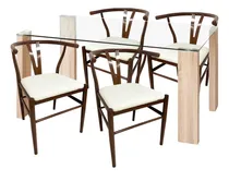 Comprar Juego De Comedor Mesa Vidrio 4 Sillas Acolchonadas Caño Color Blanco Diseño De La Tela De Las Sillas Wishbone