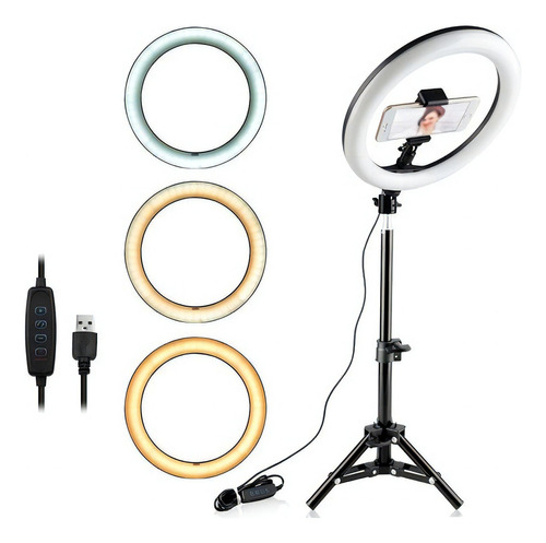 Iluminador Led Ring Light 26cm 24w Maquiagem Fotos Com Tripé Preto