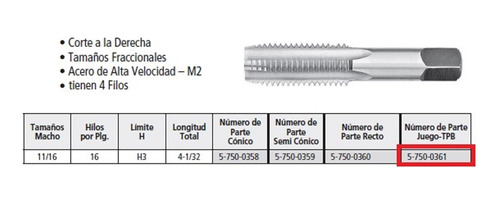 Tmx 5-750-0361, Juego 3 Machuelos 11/16-16nf