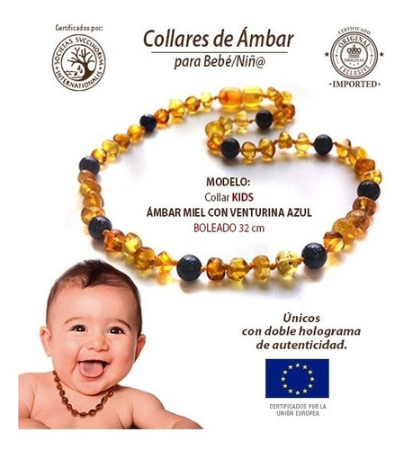 Collar Ámbar Báltico Para Bebé Miel Con Venturina Azul 32cm