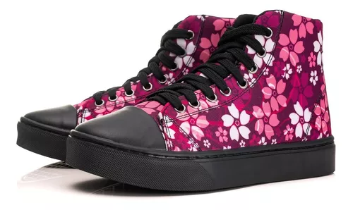 ALL STAR BRANCO CANO ALTO FLORES DE MEIO ROSA E ROXO