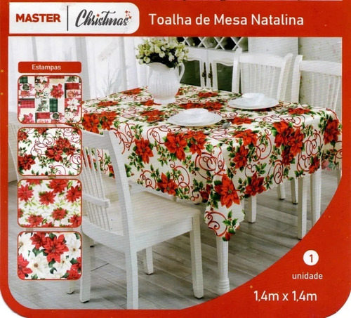 Toalha Quadrada De Mesa Natalina 1,4m X 1,4m Para 4 Cadeiras Cor Vermelho Com Flores Brancas Flores