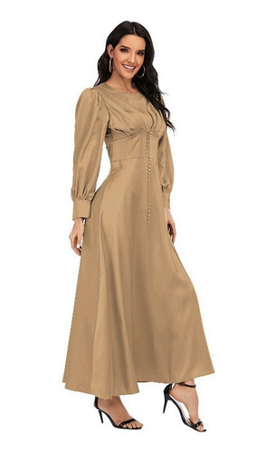 Maxi Vestido Mujer Elegante Color Sólido Satén Manga Larga