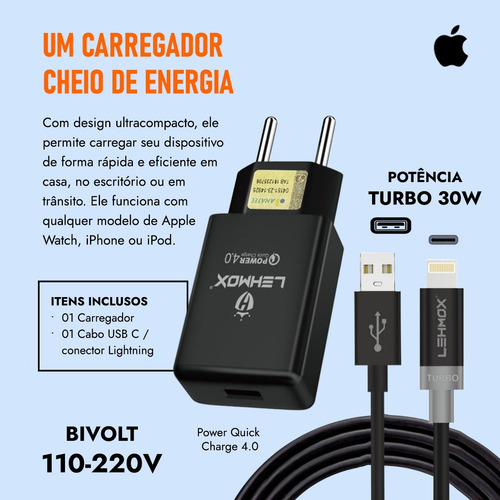 Carregador Turbo Parede Usb Ios 30w Compatível Com iPhone