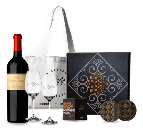 Box Set Vino Angelica Malbec Copas Transparentes