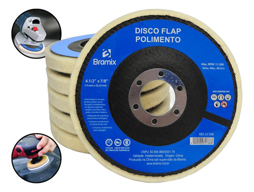 Kit 5 Discos Flap Em Feltro Lã Polimento Metal Inox 115mm