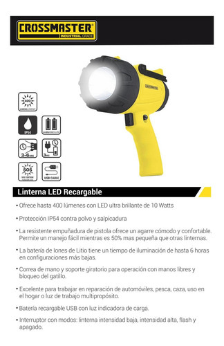 Linterna Led Recargable 400 Lúmenes 10 W Crossmaster 9932742 Color de la linterna Amarillo Color de la luz Blanco