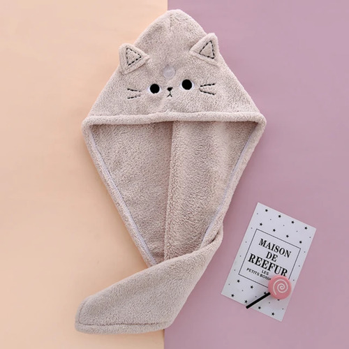 Toalla Turbante De Microfibra Suave Secado Rápido Chufi Beige Gatito