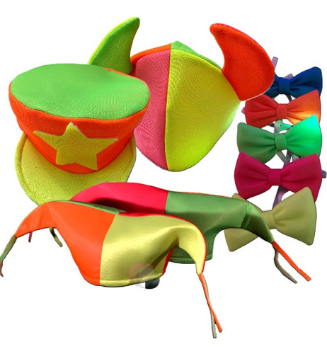 8 Gorros Fluo 20 Moños Fluo Combo Cotillon Luminoso Carioca