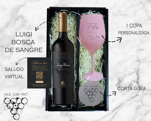 Box Vino Luigi Bosca De Sangre Blend + 1 Copa Rosa Grabada