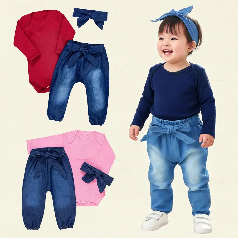 Conjunto Para Bebê Body E Calça Jeans Com Faixinha Cor Marinho Tamanho 3-6M