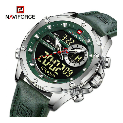 Relojes de cuero LED luminosos Naviforce para hombre, bisel plateado y verde