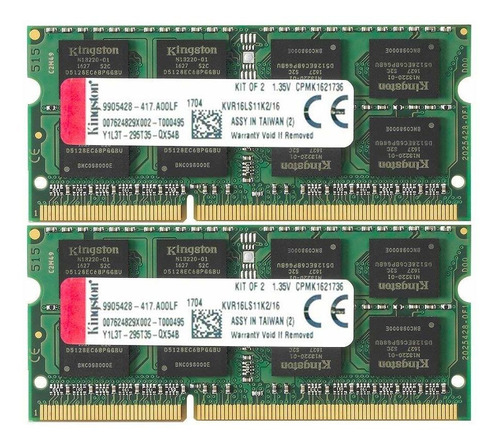 Memoria Ram 16gb Kingston Technology Kit Of 2 (2 X 8gb) Ddr3 1600mhz Non-ecc Cl11 Sodimm 1.35v Kvr16ls11k2/16