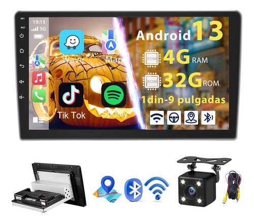 Gearelec Autoestéreo 1 Din 9 Pulgadas 4+32gb Estéreo Pantalla Carplay Android Auto Wifi Bluetooth Gps Fm Con Cámara Arnés Rca Usb Admite Subwoofer Y Amplificador