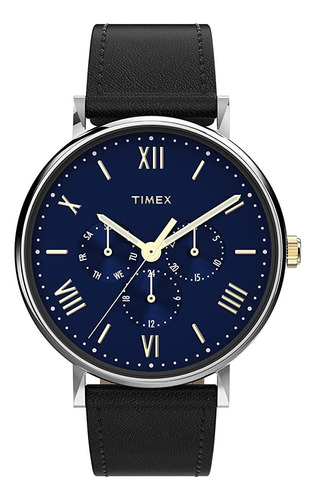 Reloj Hombre Timex Correa De Piel 41 Mm Wr 30m Tw2v464009j Color de la correa Negro Color del bisel Plateado Color del fondo Azul