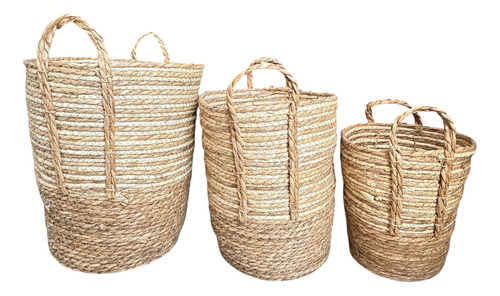 Set De Cestos De Almacenamiento Tejida Redonda Decorativa 3p Cafe Blanco