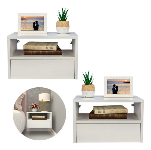 Conjunto 02 Mesas De Cabeceira Criado Suspenso 40cm 100% Mdf Branco