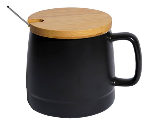 Taza De Cerámica Con Tapa De Bambú. Incluye Cuchara. 450ml