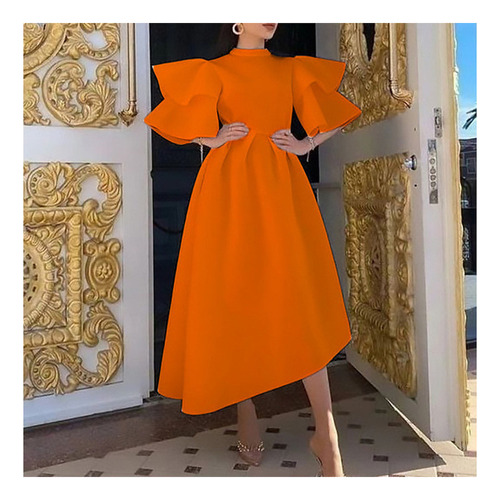 Vestido De Mujer De Color Liso Con Mangas Con Volantes